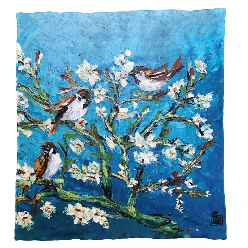 Swallows in White Blossom Tree Light Weigt Fleece Blanket By Juanette Menderoi