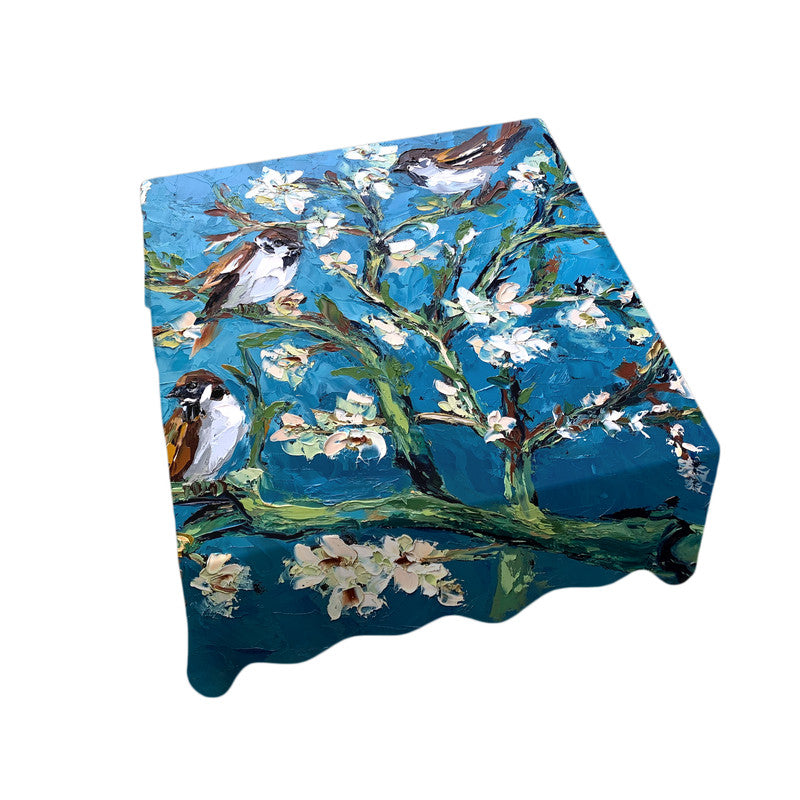 Swallows in White Blossom Tree Square Tablecloth By Juanette Menderoi