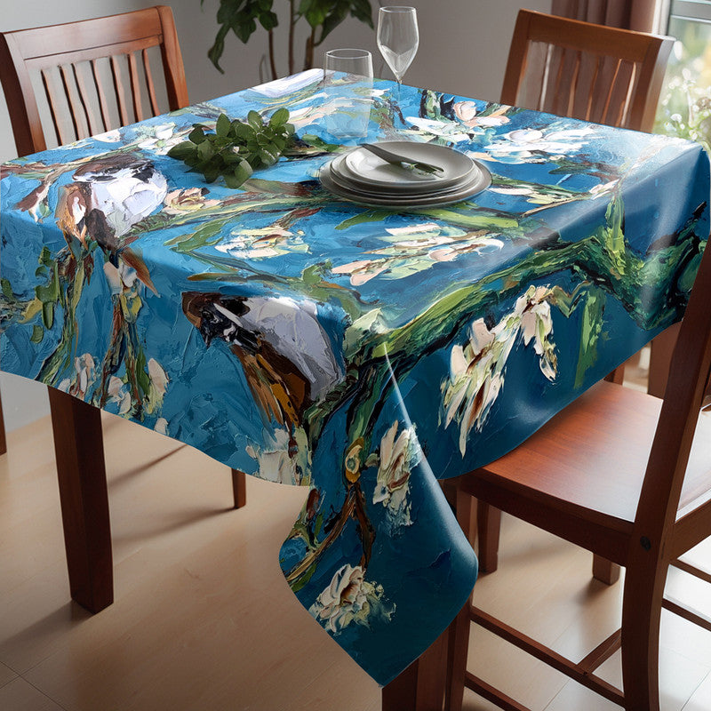 Swallows in White Blossom Tree Square Tablecloth By Juanette Menderoi