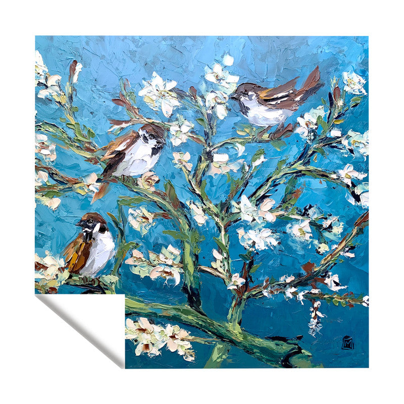 Swallows in White Blossom Tree Square Tablecloth By Juanette Menderoi
