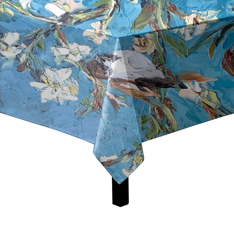 Swallows in White Blossom Tree Square Tablecloth By Juanette Menderoi