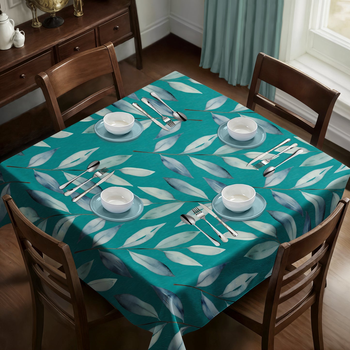 Teal Waterpainted Dried Leaves By Mark Van Vuuren Square Tablecloth