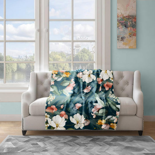 Teal Flower Vines Light Weight Fleece Blanket by Mark van Vuuren