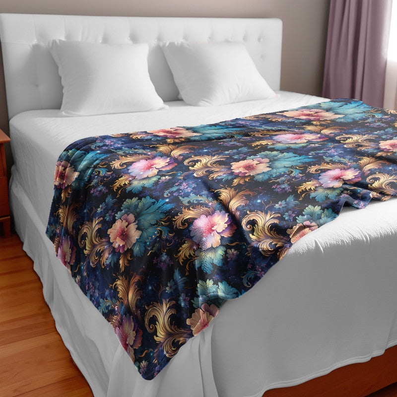 Translucent Pink Flowers and Gold Curves Light Bed Throw