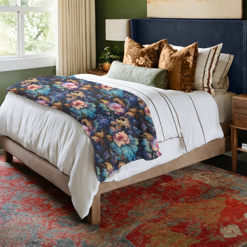 Translucent Pink Flowers and Gold Curves Light Bed Throw