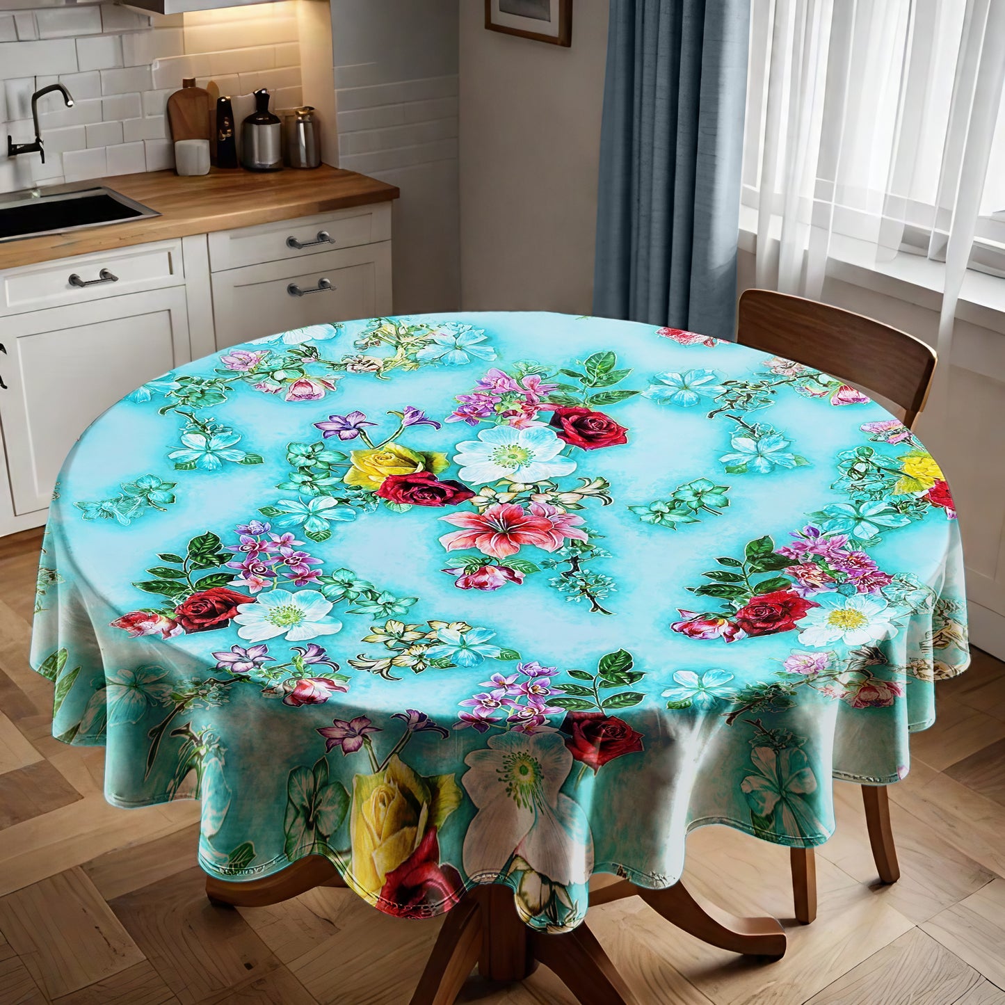 Turqoise Floral Essence Round Tablecloth