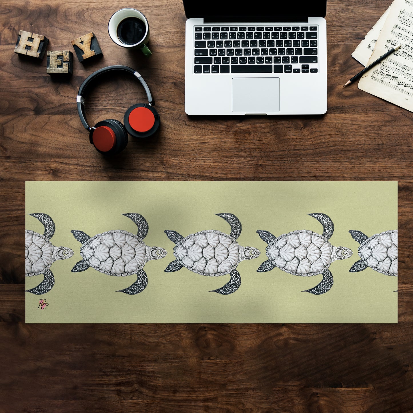 Turtle View On Chartreuse Desk Pad by Fifo