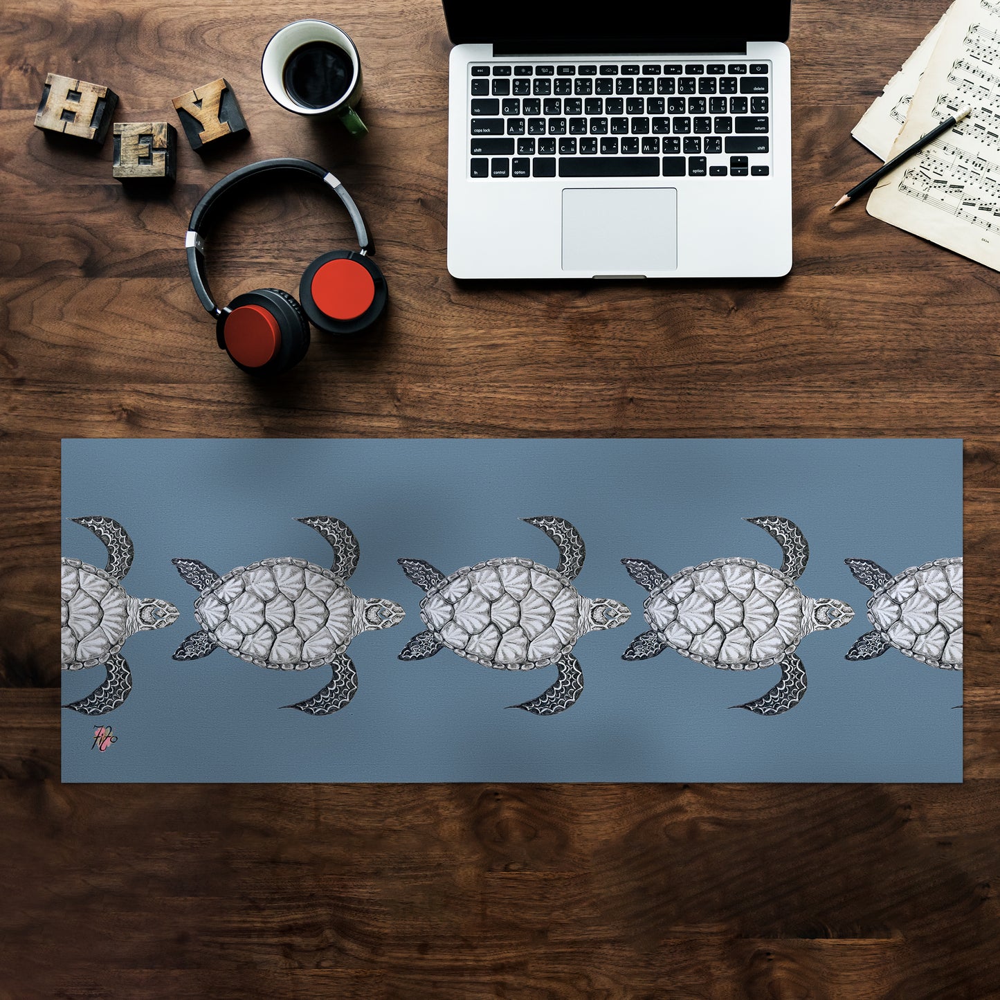 Turtle View On Smokey Blue Desk Pad by Fifo