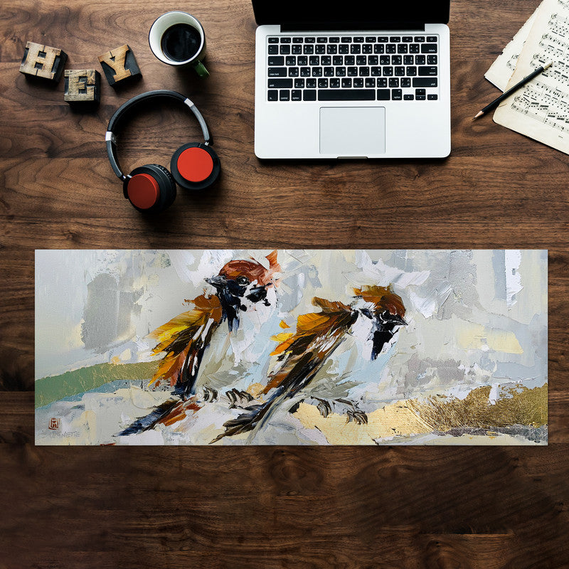 Two Sparrows on Branch Large Desk Pad By Juanette Menderoi