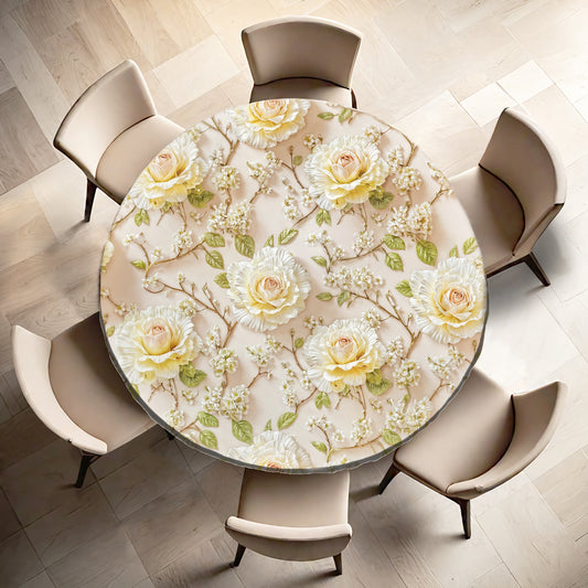 Veil of White Rose Round Tablecloth