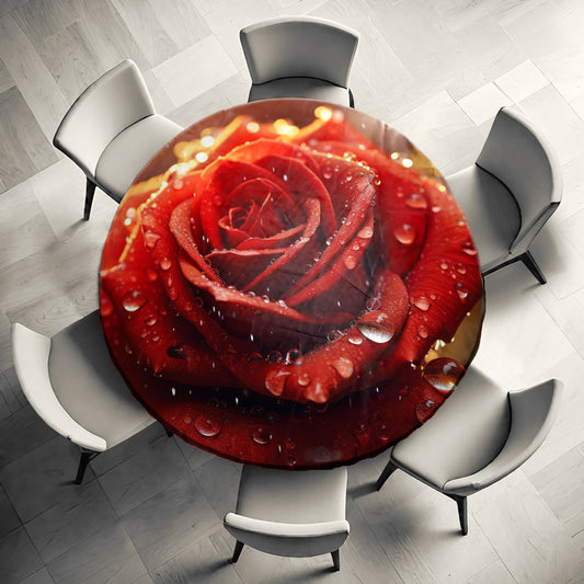 Vibrant Wet Rose Round Tablecloth