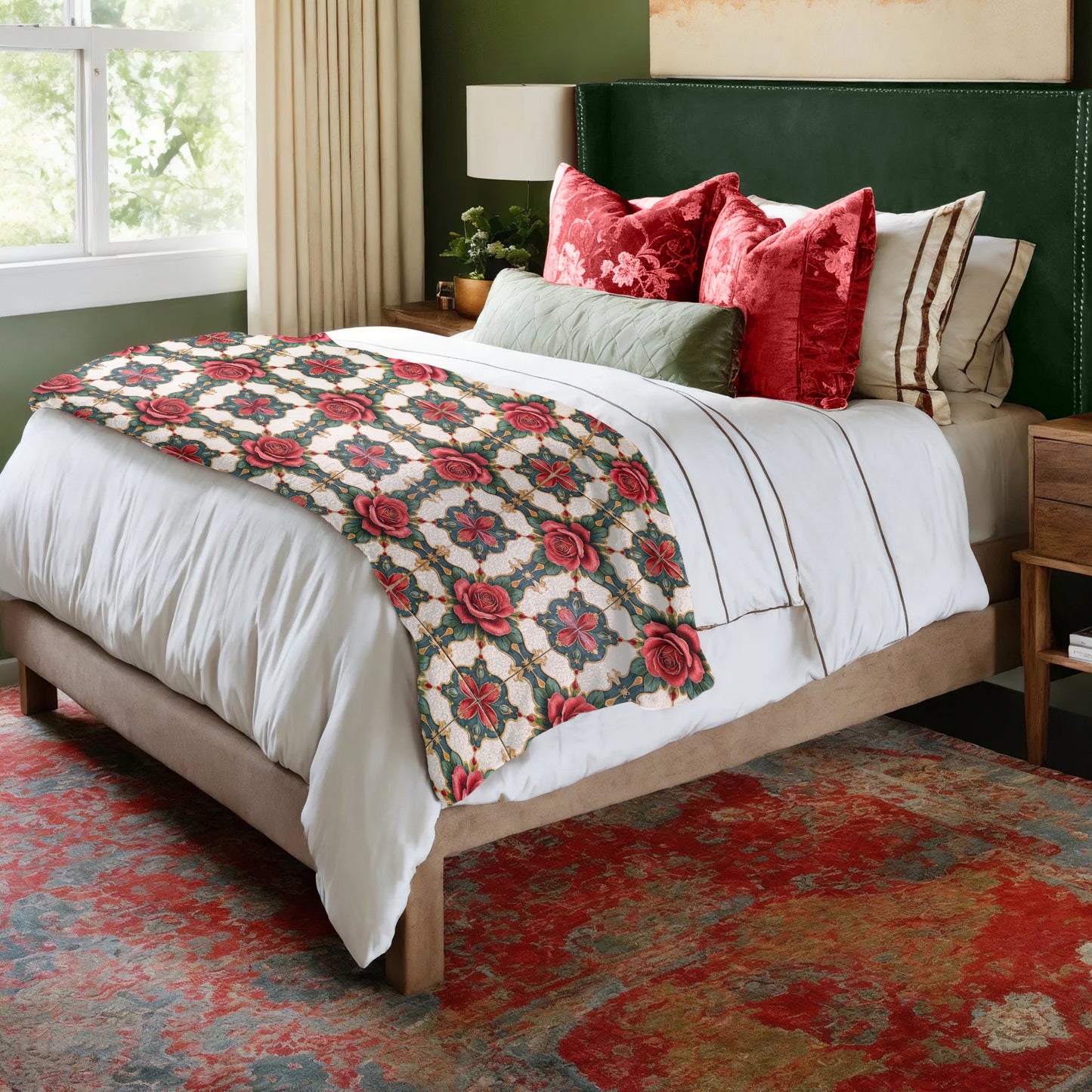 Vintage Rose Tiles Bed Throw