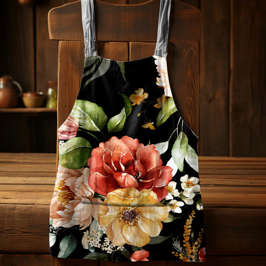 Water Painted Flowers on Black Background Medium Length Apron by Mark van Vuuren