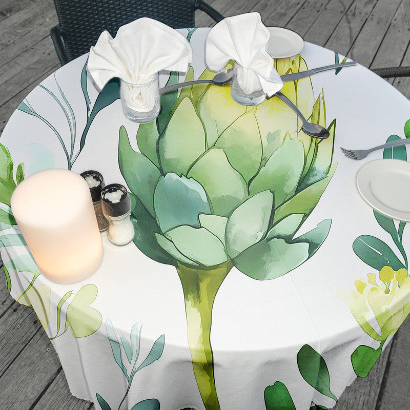 Watercolour Floral Artichokes Round Tablecloth by Wikus Schalkwyk