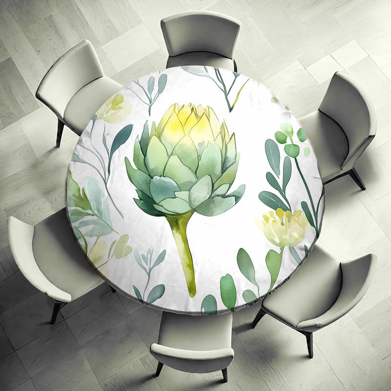 Watercolour Floral Artichokes Round Tablecloth by Wikus Schalkwyk