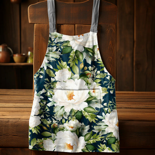White Blooming Peony Bush Medium Length Apron By Mark Van Vuuren