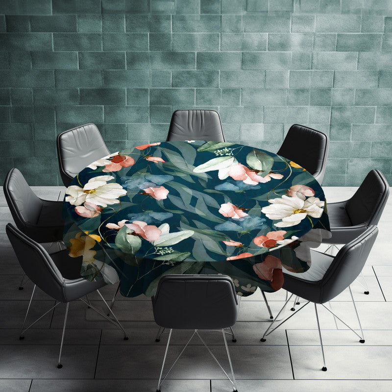 White Flowers on Dark Green Round Tablecloth by Mark van Vuuren