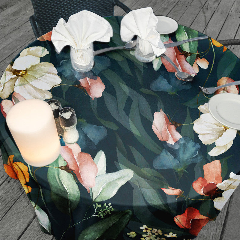 White Flowers on Dark Green Round Tablecloth by Mark van Vuuren