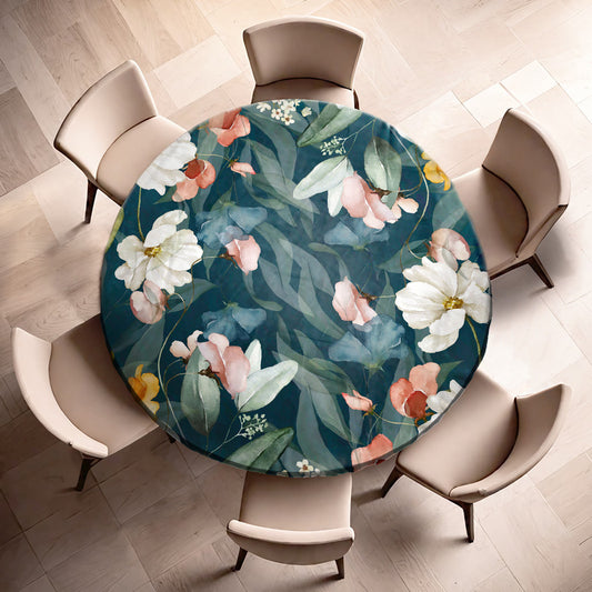 White Flowers on Dark Green Round Tablecloth by Mark van Vuuren