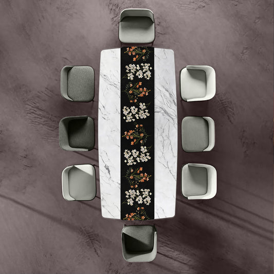 White And Peach Floral On Black Table Runner by Mark van Vuuren