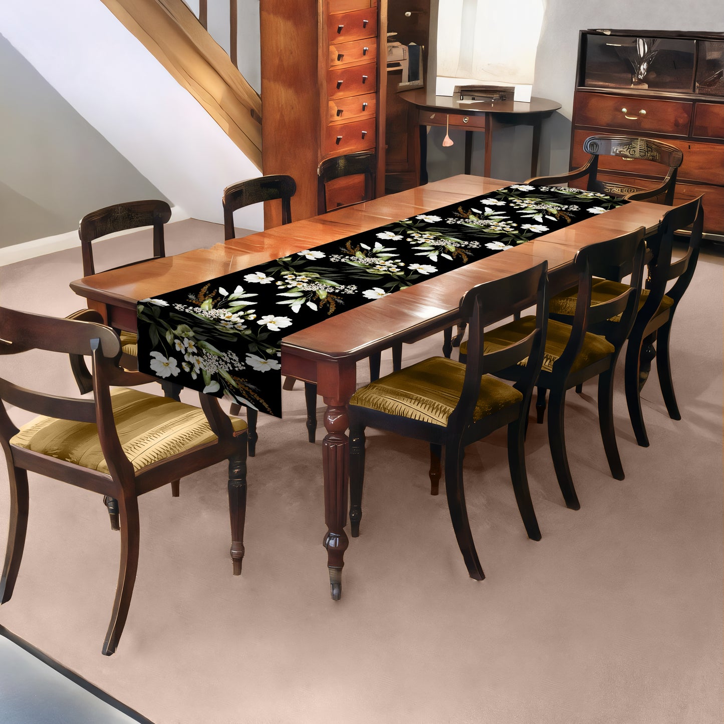 White Floral On Black Table Runner by Mark van Vuuren