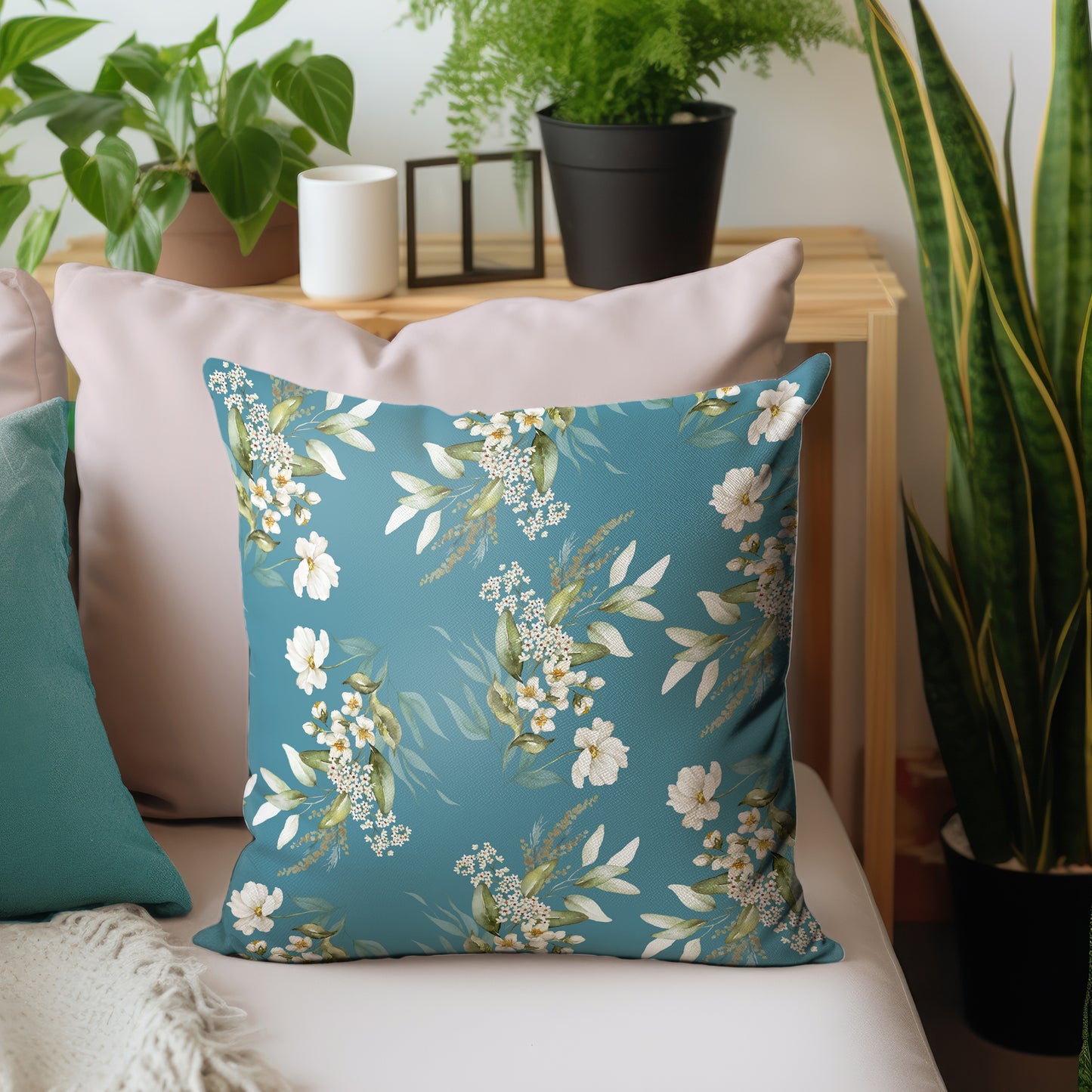 White Floral On Teal Blue Luxury Scatter by Mark van Vuuren