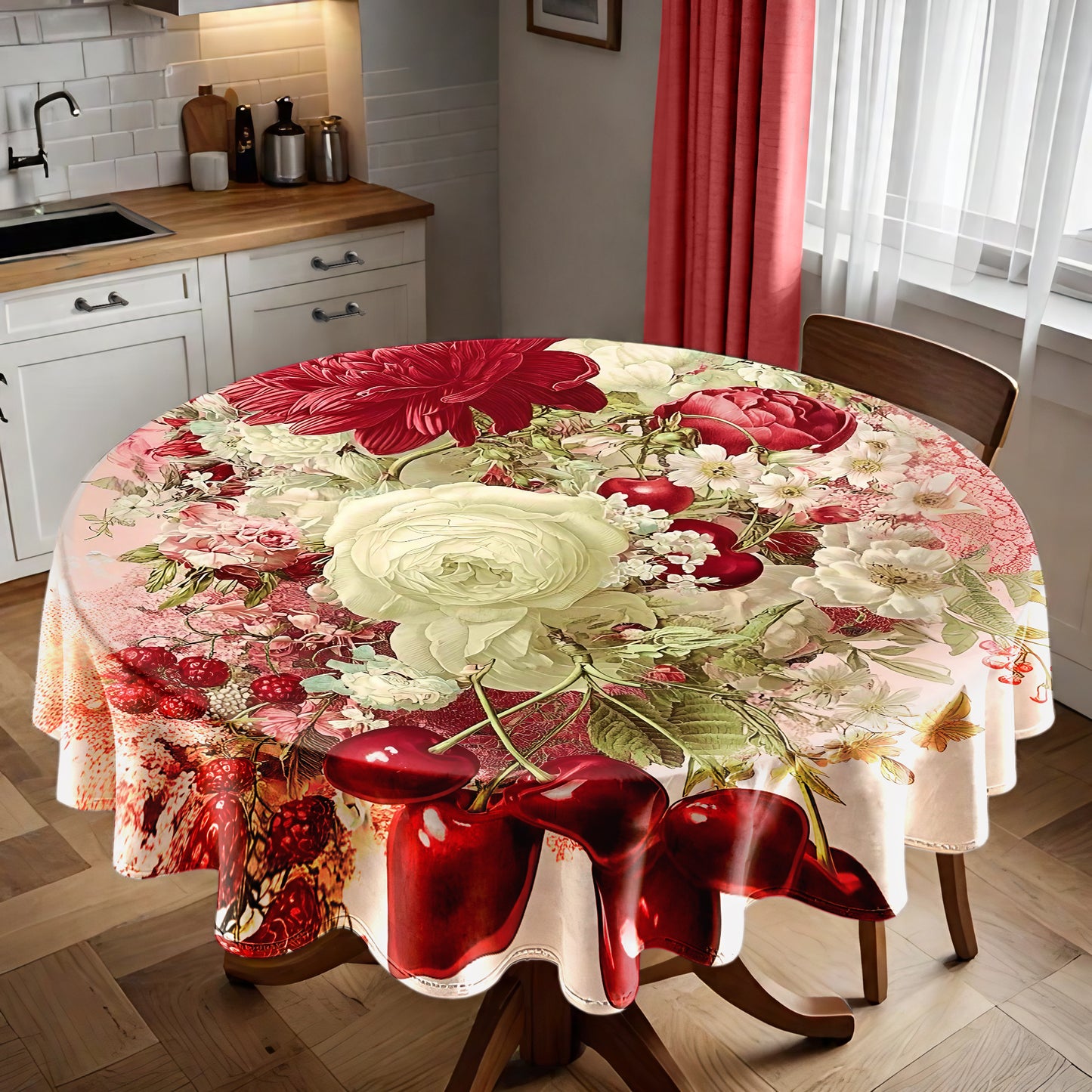 White Rose and Cherries Round Tablecloth