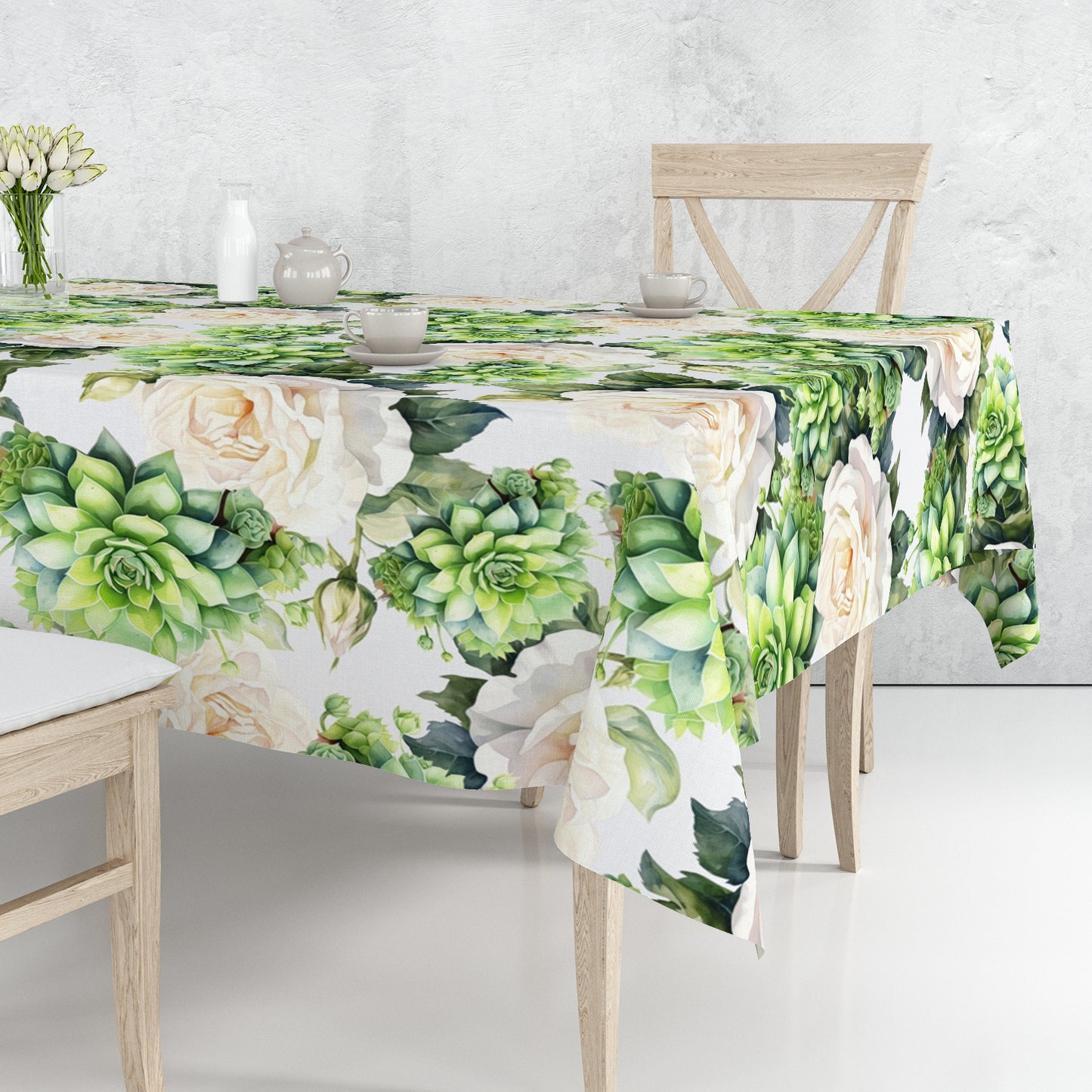 White Roses and Succulents Rectangle Tablecloth By Mark Van Vuuren