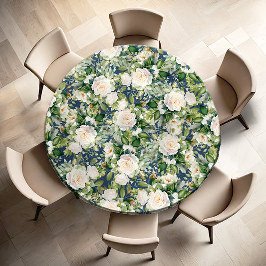White Rose on Navy By Mark Van Vuuren Round Tablecloth