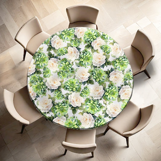 White Roses and Succulents By Mark Van Vuuren Round Tablecloth