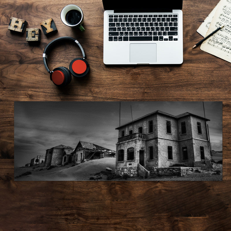 kolmanskop gost buildings black white Large Desk Pad By Fanie Heymans