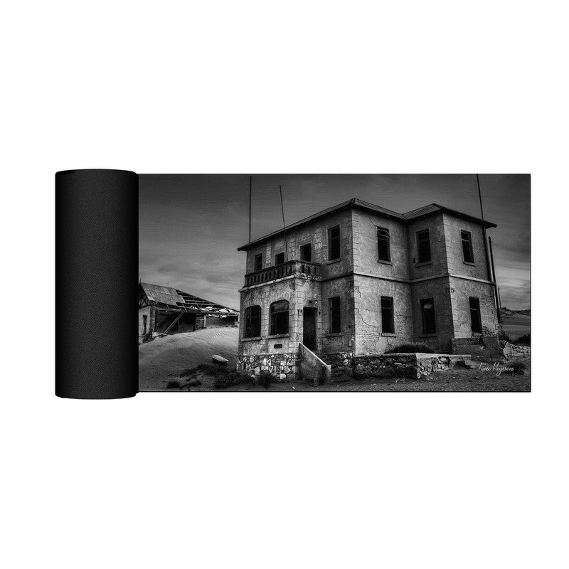 kolmanskop gost buildings black white Large Desk Pad By Fanie Heymans