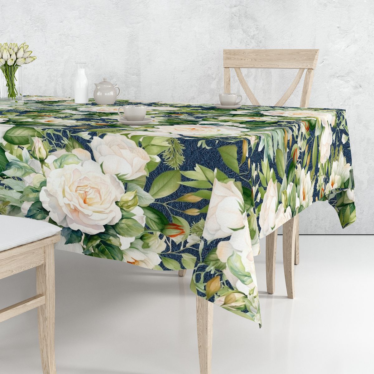 White Rose on Navy Rectangle Tablecloth by Mark Van Vuuren
