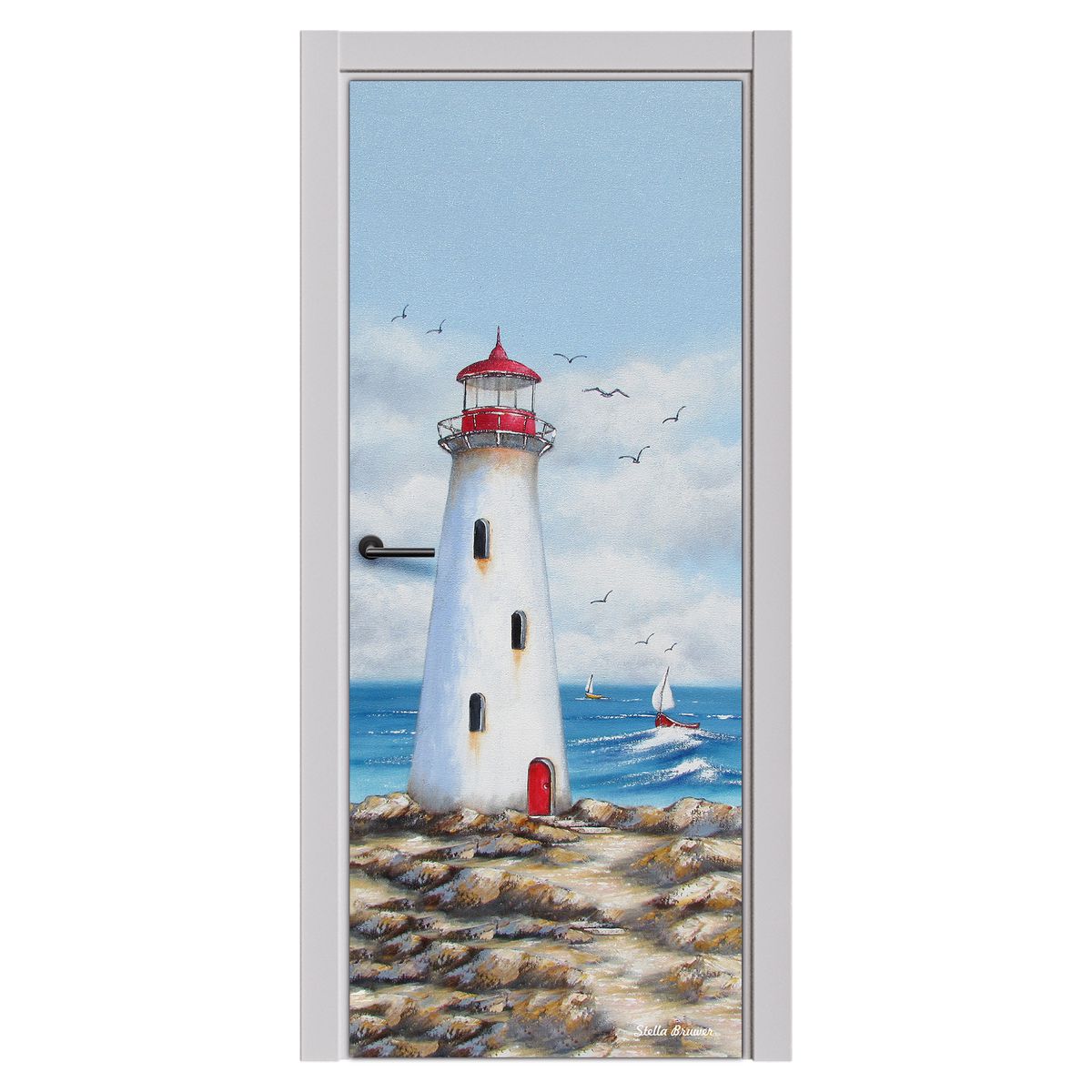 Decoupage - Lighthouse Sail Boat By Stella Bruwer Door