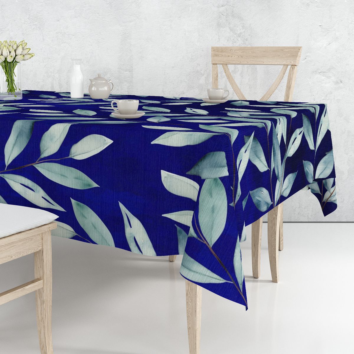 Royal Blue Waterpainted Leaves Rectangle Tablecloth by Mark Van Vuuren