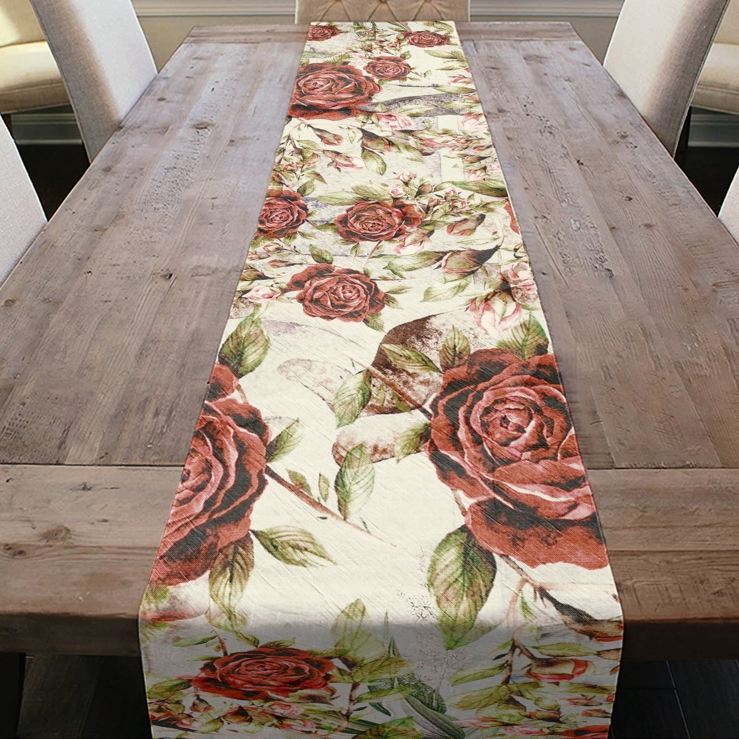 Soft Red Roses on White Table Runner By Mark van Vuuren
