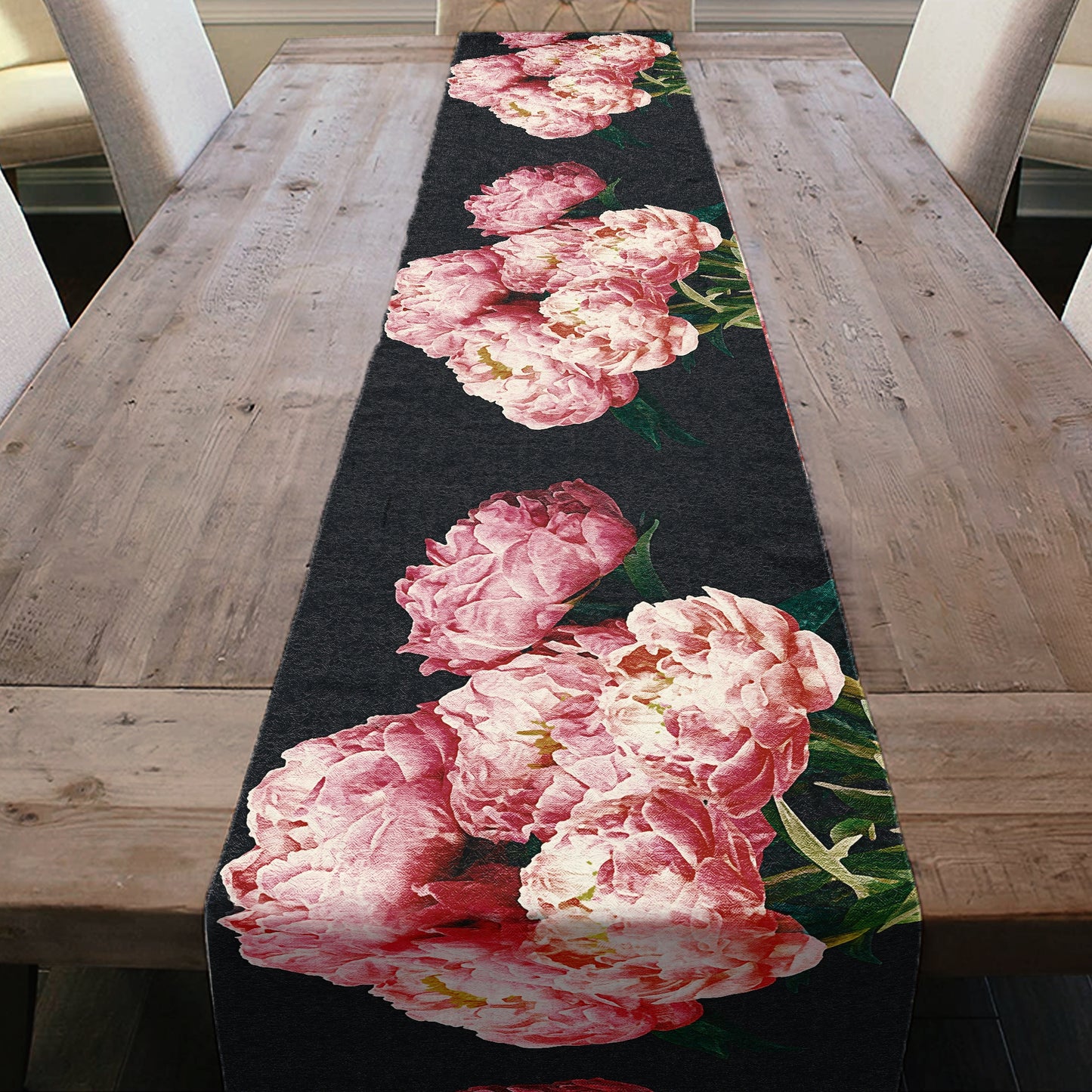 Pink Flowers on Black Table Runner By Mark van Vuuren