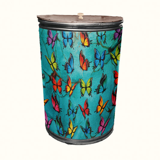 Colourful Butterflies on Green Decoupage Drum Cover