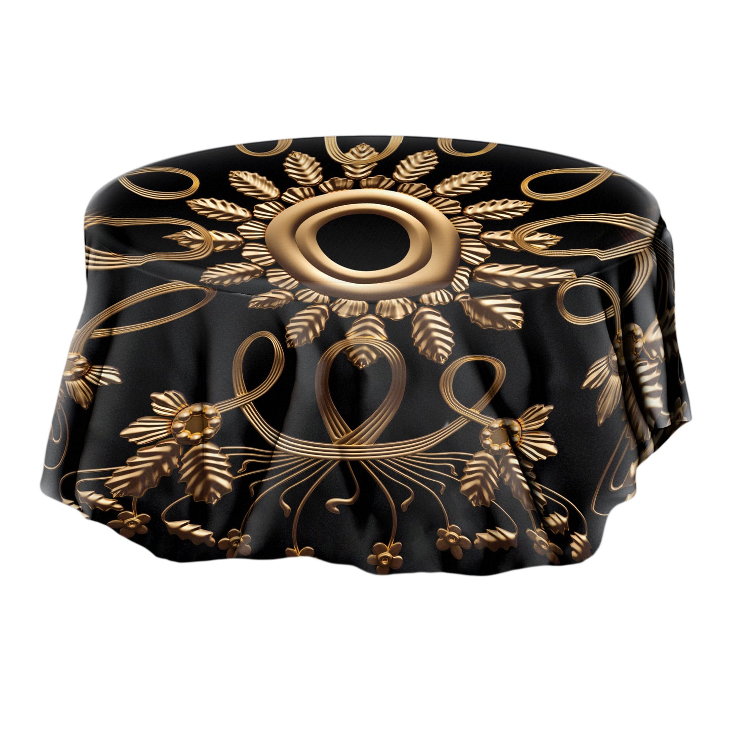 Gold Pattern on Black Round Tablecloth
