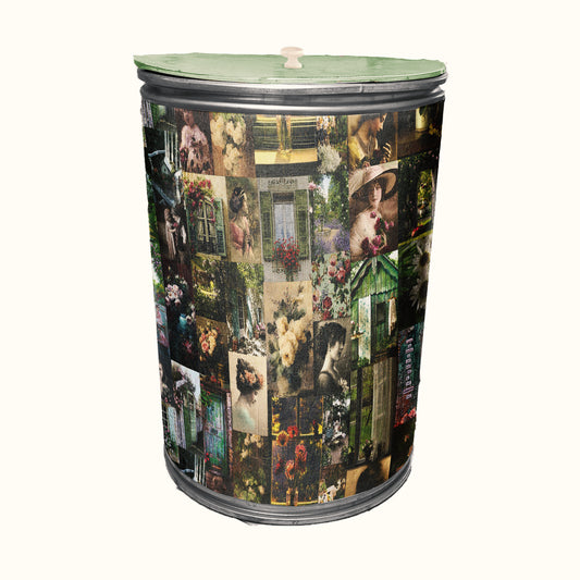 Green Toned Vintage Pattern Decoupage Drum Cover