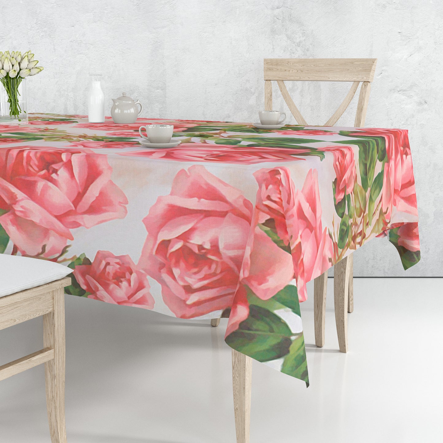 Pink Roses & Green Leaves Rectangle Tablecloth By Mark Van Vuuren