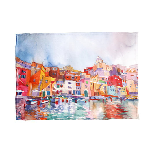 Painted River City Scape Tea Towel