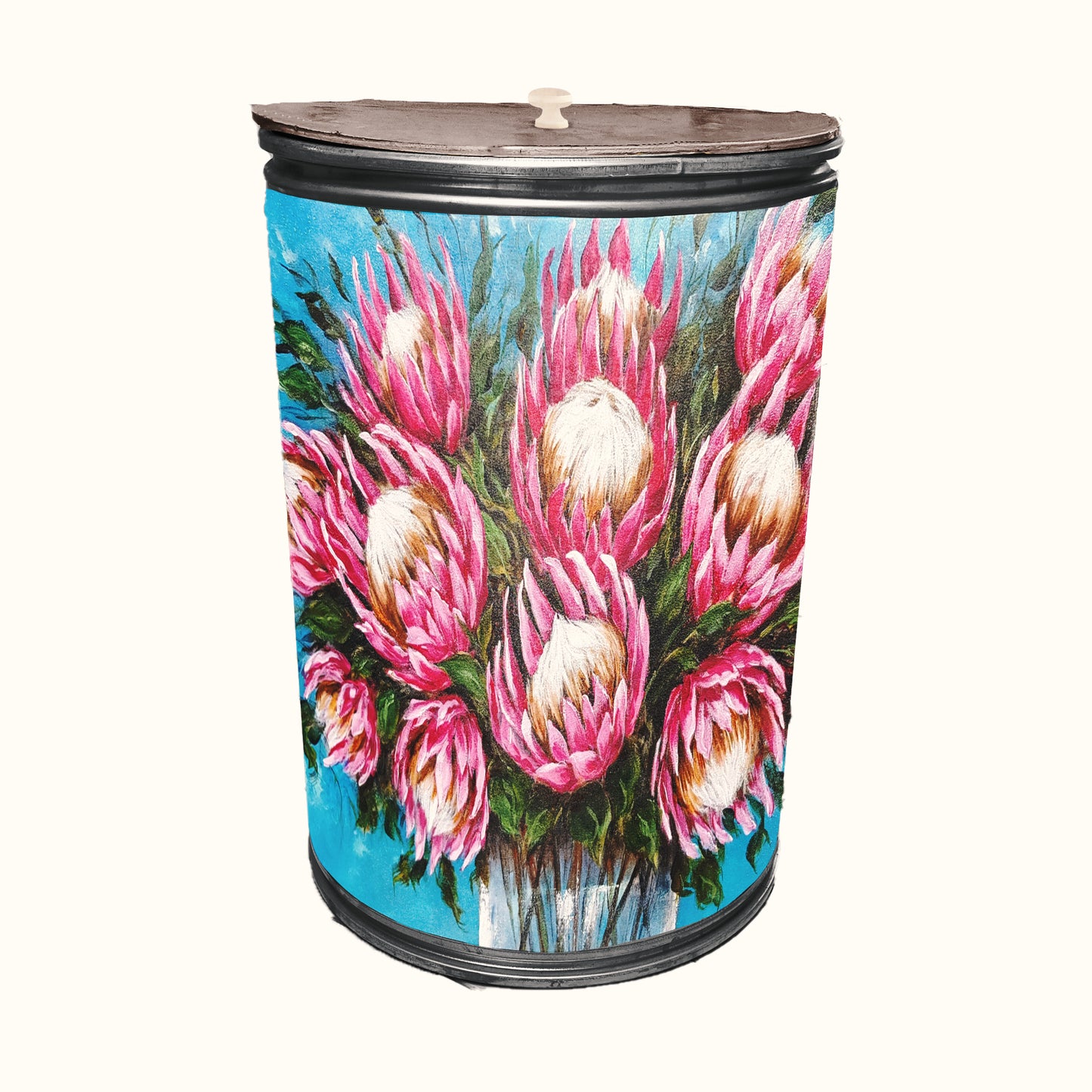 Bright Pink Proteas Decoupage Drum Cover By Stella Bruwer