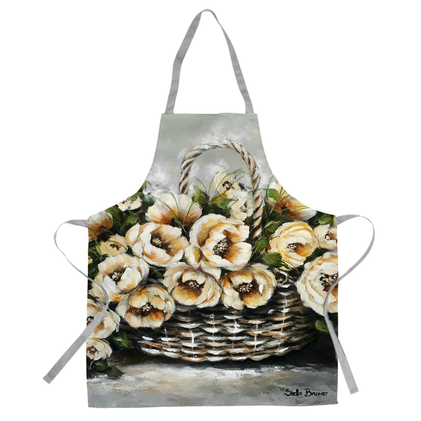 Cream Painted Peonies Medium Length Apron by Stella Bruwer