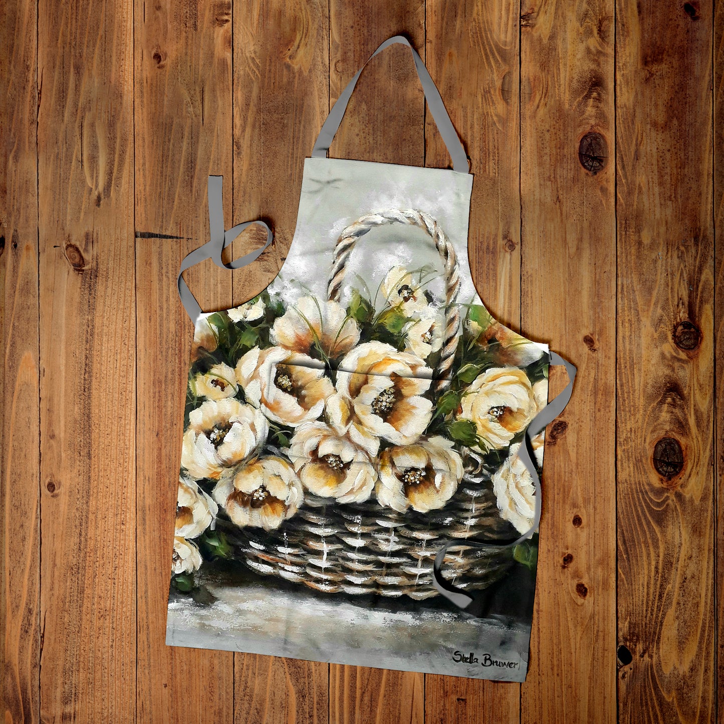 Cream Painted Peonies Medium Length Apron by Stella Bruwer