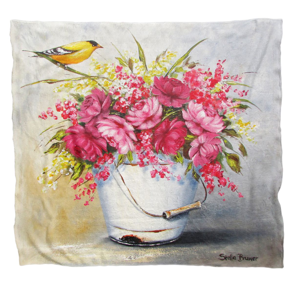 Pink Flower Yellow Bird Light Weight Fleece Blanket By Stella Bruwer