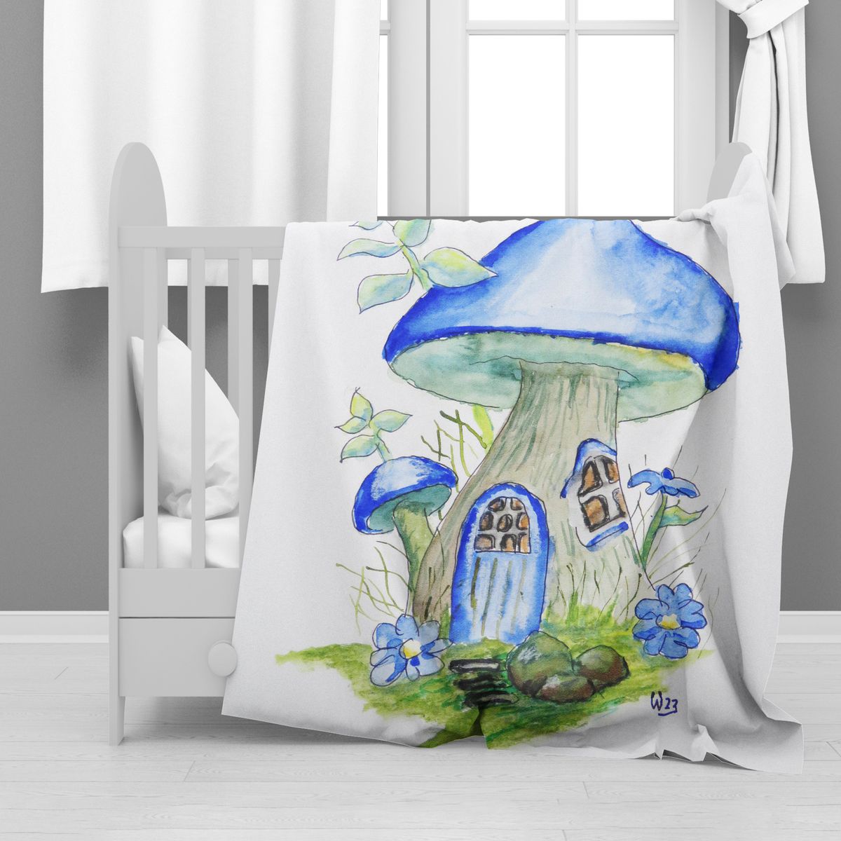 Blue Mushroom House Minky Blanket By Wikus Hattingh