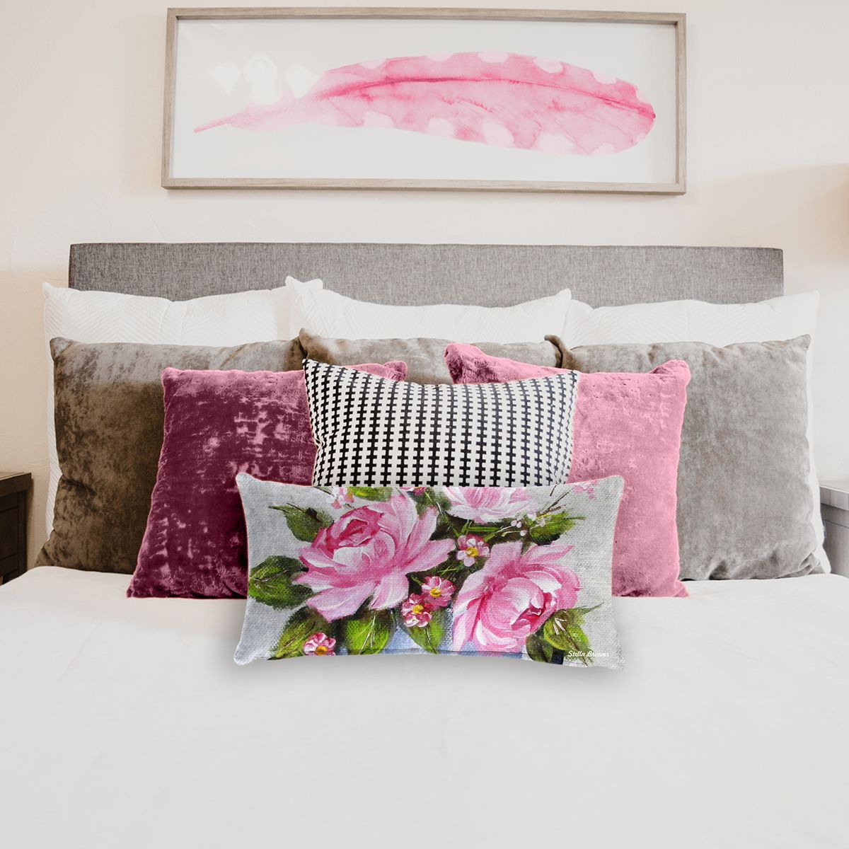 Pink Roses Cup By Stella Bruwer Oblong Luxury Scatter