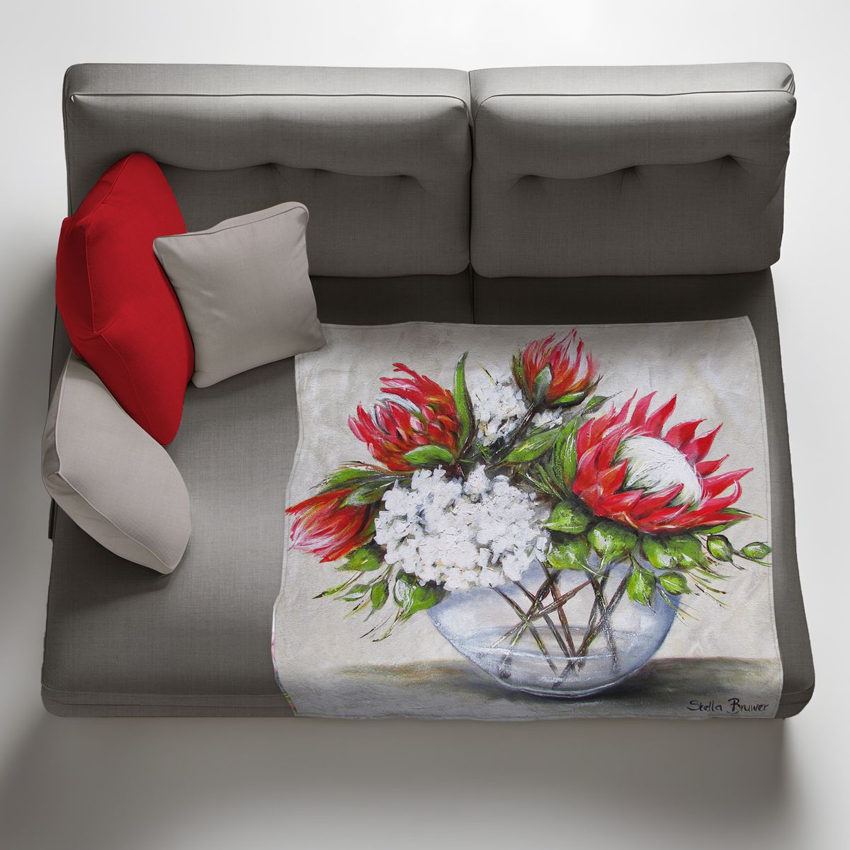 Proteas and Hydrangeas Light Weight Fleece Blanket By Stella Bruwer