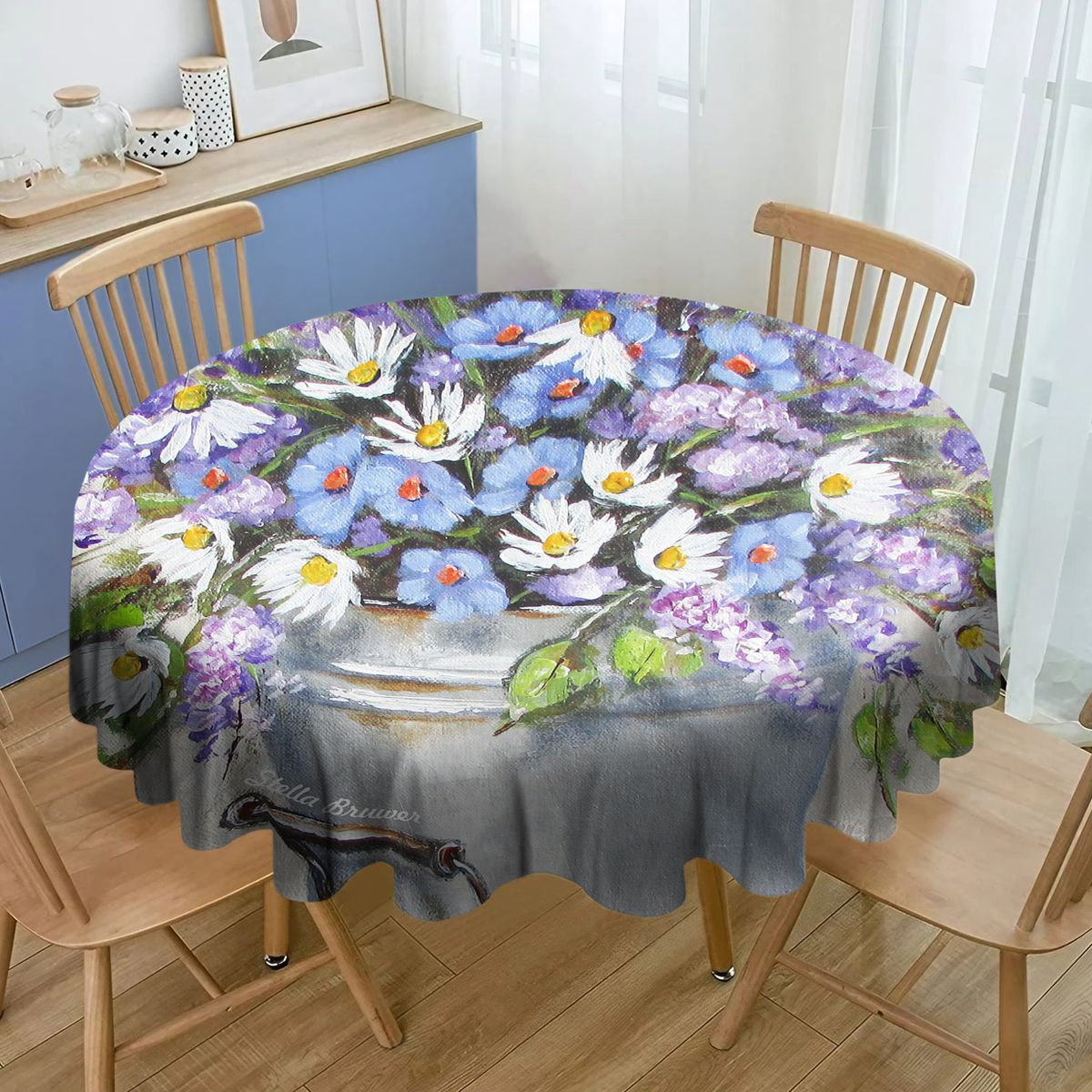 Bucket of Blue and Purple Flowers By Stella Bruwer Round Tablecloth